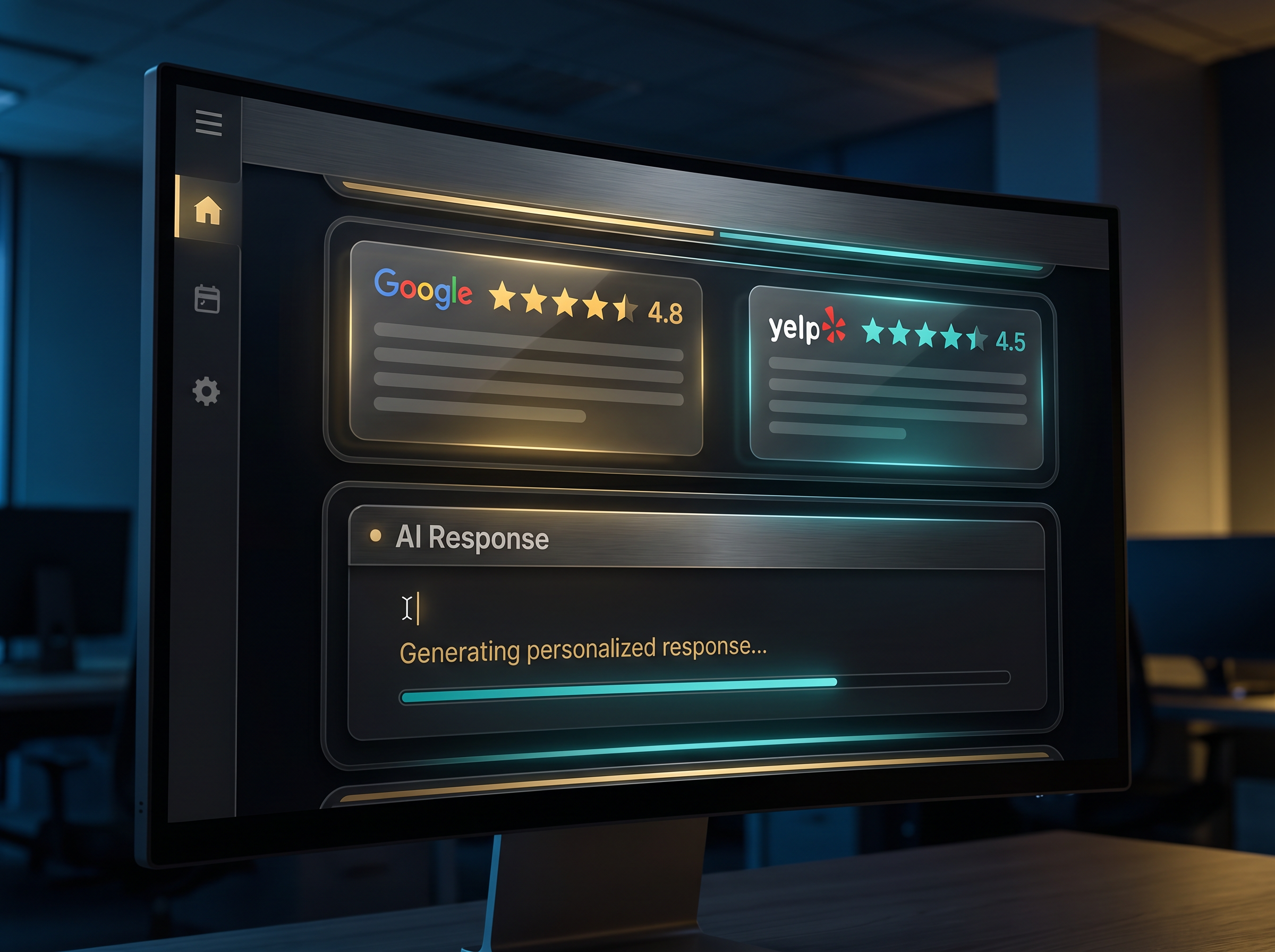 AI review response dashboard showing Google and Yelp reviews