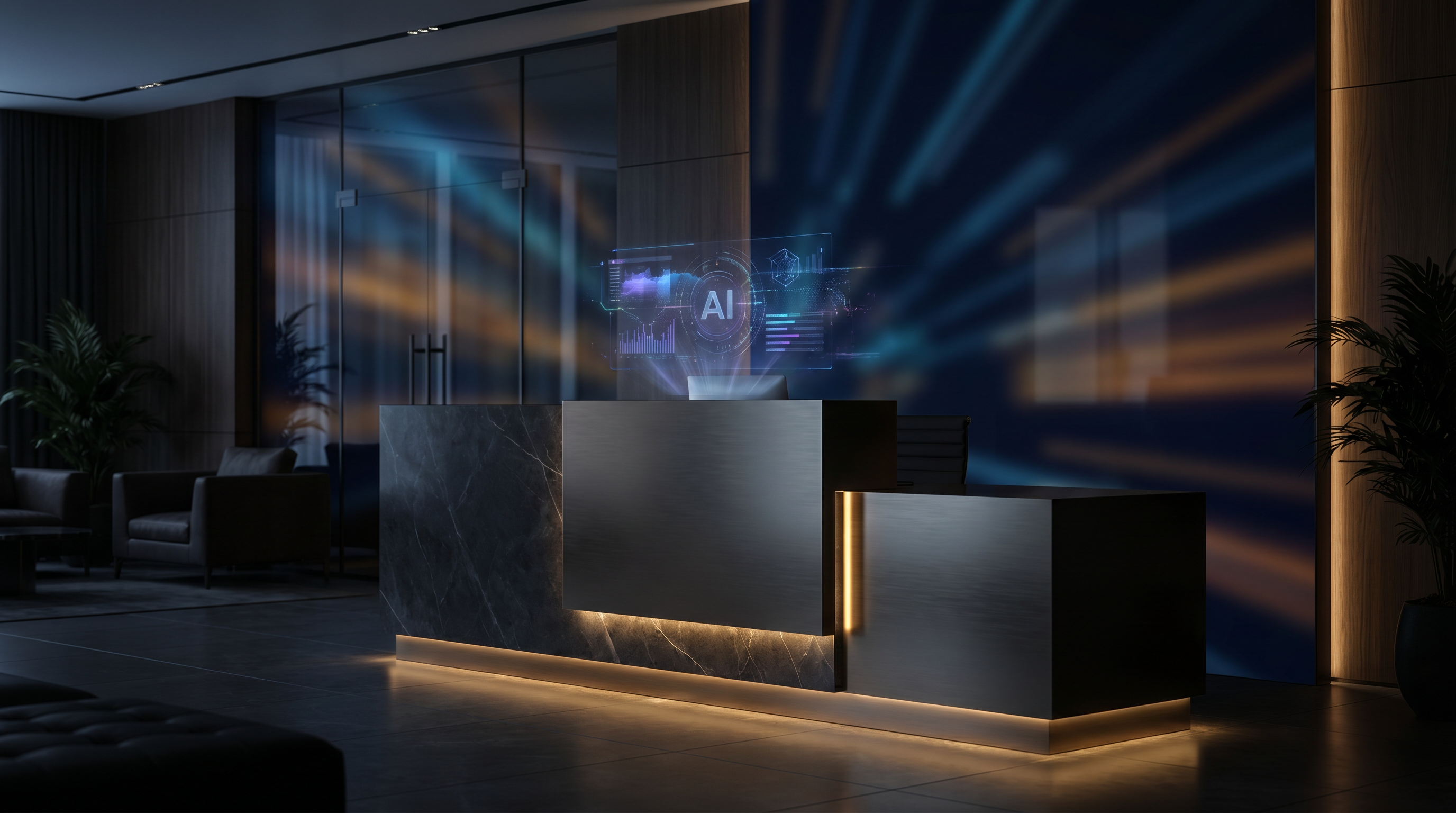 Futuristic AI-powered reception desk with holographic interface