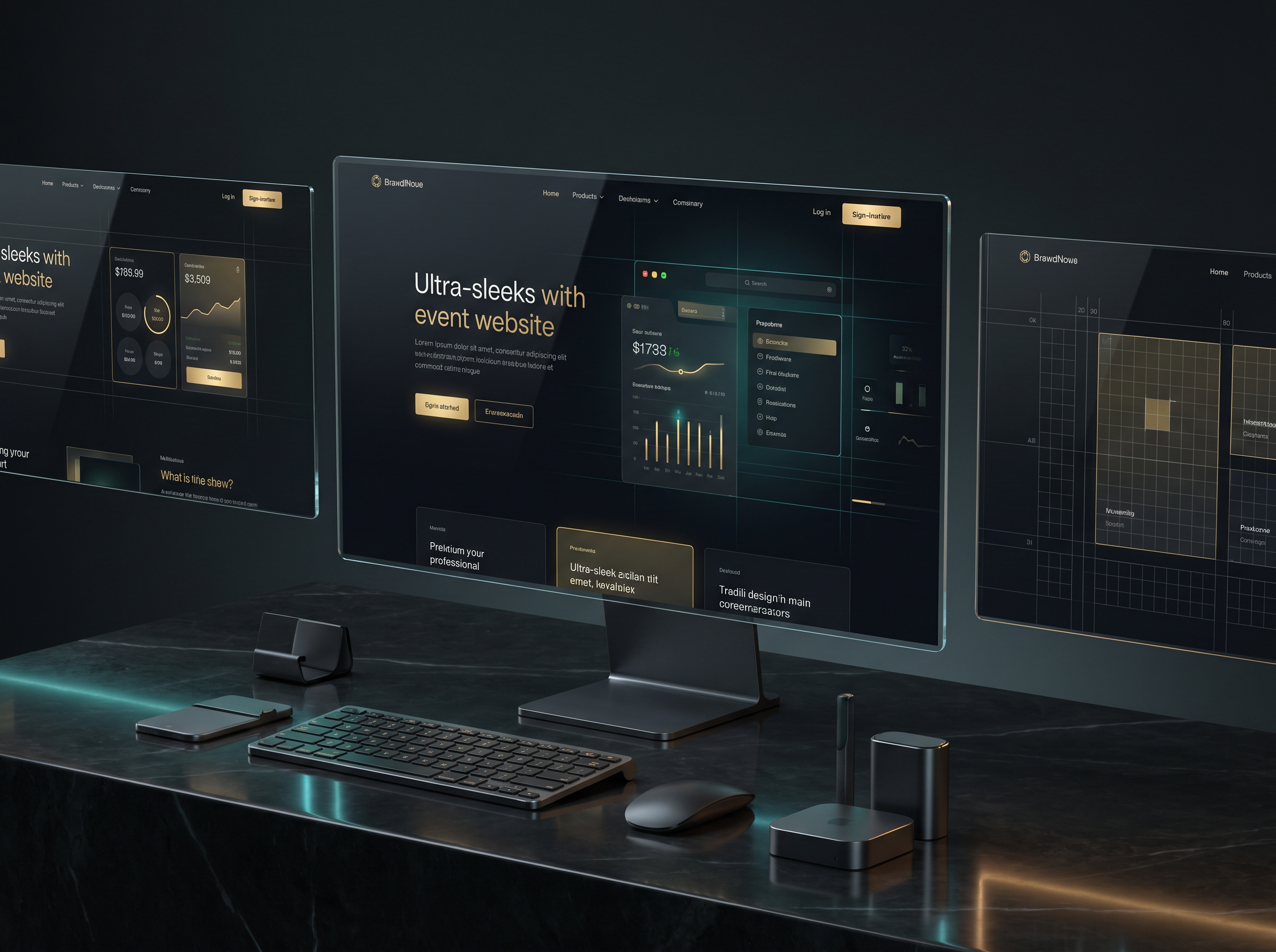 Premium website design displayed on floating screens in a dark studio
